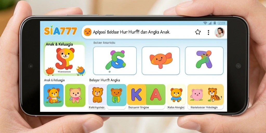 Screenshot aplikasi SIA777 menampilkan anak belajar huruf dan angka.